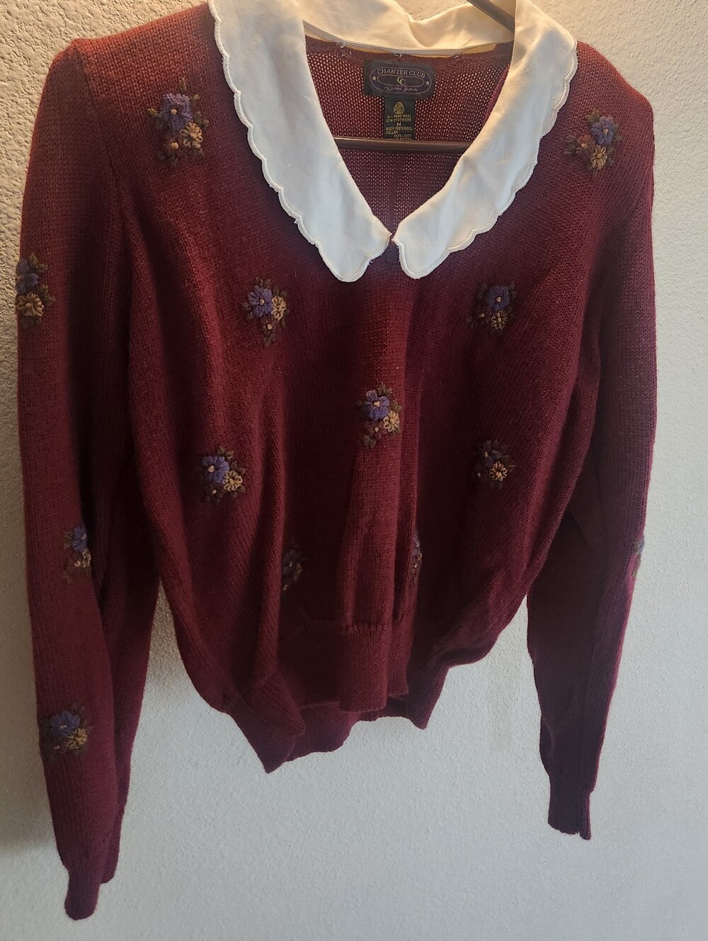 Vintage Charter Club Burgundy Floral Embroidered